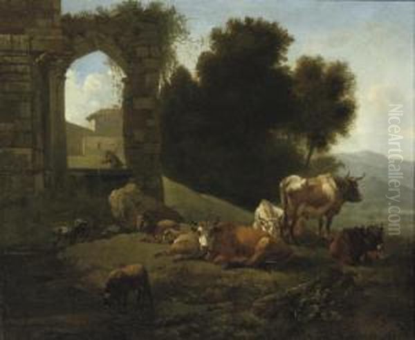 Cattle And Sheep By A Ruined Church In An Italianate Landscape Oil Painting by Willem Romeyn