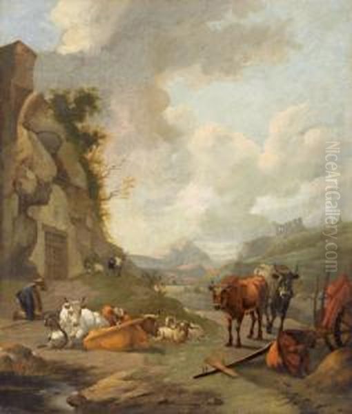 Un Pastore E Il Suo Gregge Nella Campagna Romana Oil Painting by Willem Romeyn