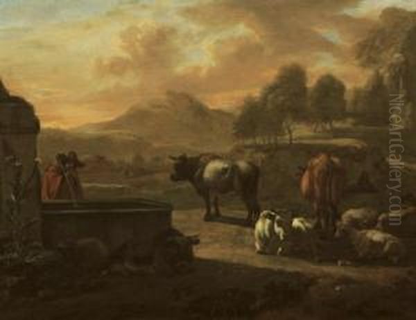 An Italianate Landscape With A Herdsman Drinking From A Fountain Oil Painting by Willem Romeyn