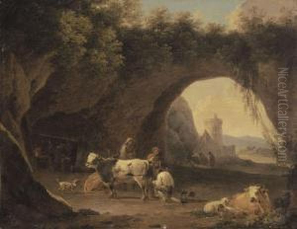 Grotto With Cattle And Figures A Forge Beyond Oil Painting by Willem Romeyn