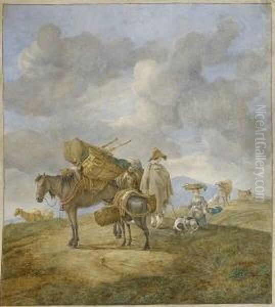 Hirtenpaar Mit Bepackten Pferden,
 Einem Esel Und Vieh. Oil Painting by Willem Romeyn