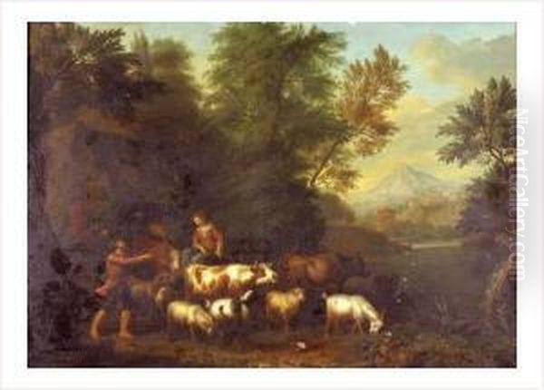 Couple De Bergers Et Leur Troupeau Dans Un Paysage Boise Oil Painting by Willem Romeyn