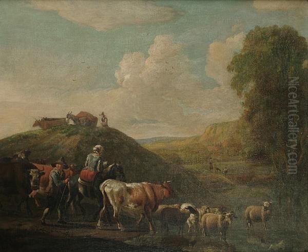 A Landscape With Cattle Fording A Stream Oil Painting by Willem Romeyn