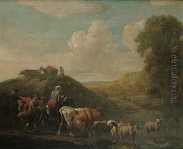 A Landscape With A Cattle Fording A Stream Oil Painting by Willem Romeyn