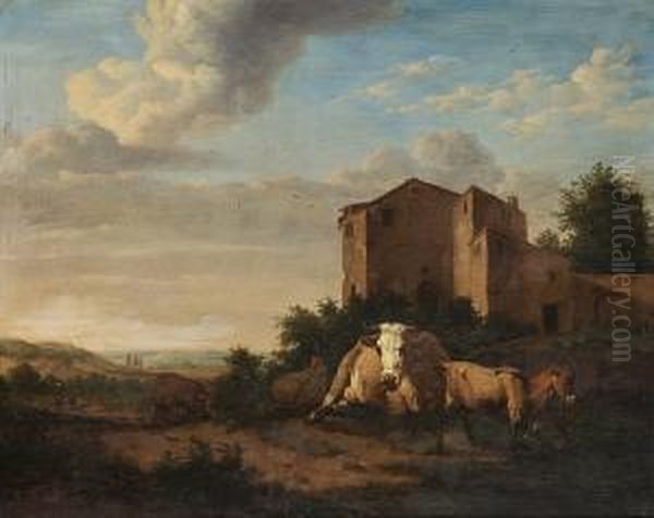 A Cow, A Sheep And Goats Before A Farmstead In An Italianate Landscape Oil Painting by Willem Romeyn