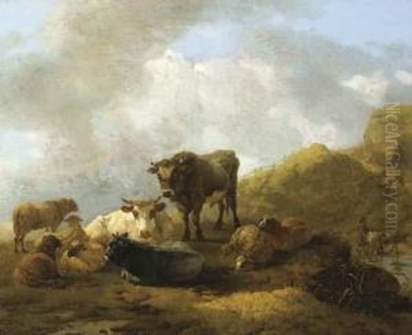 An Italianate Mountainous Landscape With Cattle And Sheep In Theforeground Oil Painting by Willem Romeyn