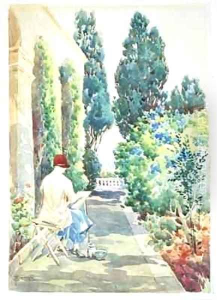 Cicely Nops Painting in a Garden Oil Painting by Robert Caruana Dingli