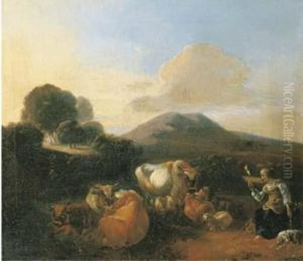 An Italianate Landscape With Shepherds With Goats, Sheep And Cattleresting By A River Oil Painting by Willem Romeyn