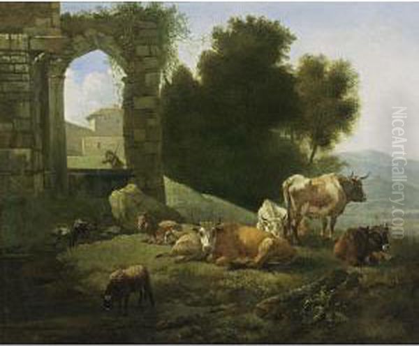 An Italianate Landscape With 
Cows, Sheep And Goats Resting And Watering In A Meadow, Near Classical 
Ruins Oil Painting by Willem Romeyn