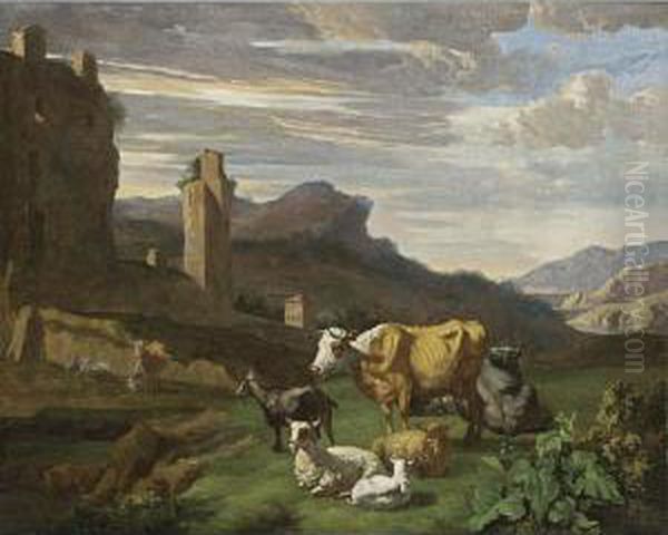 An Italianate Landscape With 
Cows, Sheep And A Goat In A Meadow, A Peasant Woman Milking A Cow In The
 Background Oil Painting by Willem Romeyn