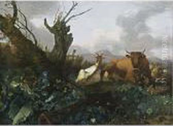 A Cow, Goats And Sheep In A Meadow Oil Painting by Willem Romeyn