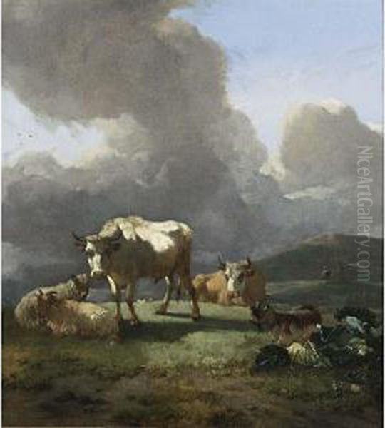 An Italianate Landscape With A Bull, Cows, Sheep And A Goat In A Meadow Oil Painting by Willem Romeyn