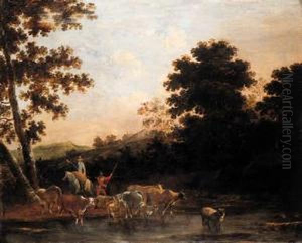 Cowherds Watering Cattle In An Italianate Landscape Oil Painting by Willem Romeyn