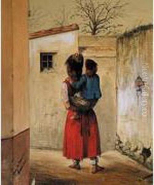 Jeune Femme Et Enfant Sur Son Dos. Oil Painting by Osmond Romieux