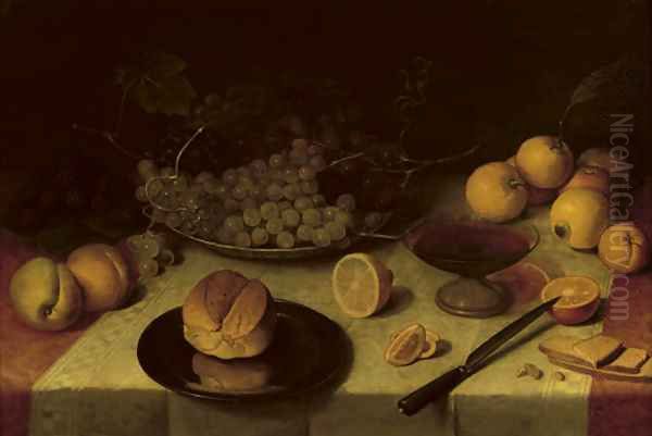 A bun on a silver plate Oil Painting by Floris Claesz Van Dijck