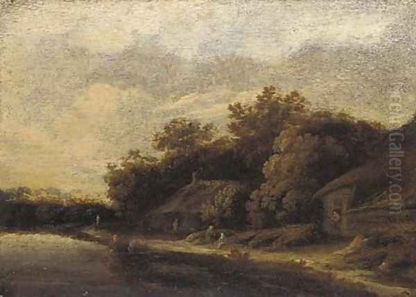 A river landscape with peasants by cottages Oil Painting by Guillaum Dubois