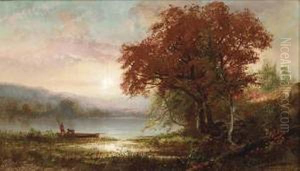 Sunrise Over A Lake With Figures And A Boat On Shore Oil Painting by Frederick Rondel Sr.