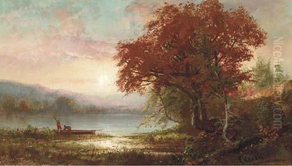 Sunrise Over A Lake With Figures And Boat Onshore Oil Painting by Frederick Rondel Sr.