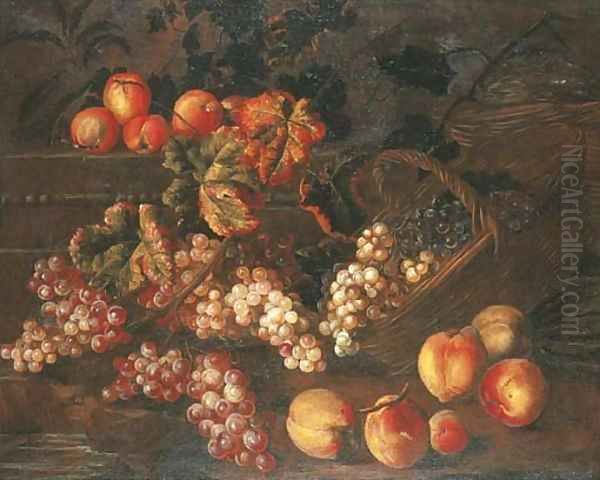 Grapes, peaches and baskets by a stone plinth Oil Painting by Pierre Dupuis