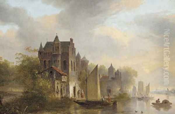 A busy day on a Dutch river Oil Painting by Pieter Christian Dommersen