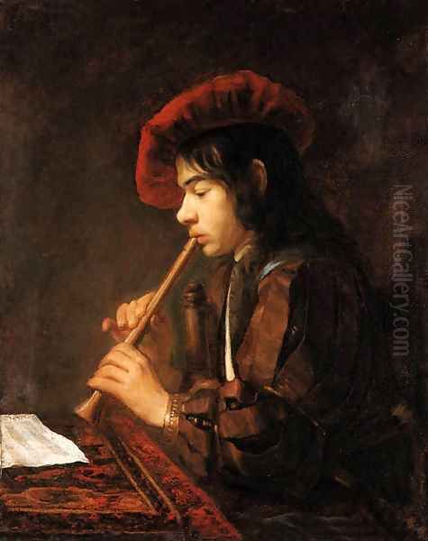 The Piping Boy portrait of a youth, half-length seated, playing a pipe, in a slashed doublet and a red hat Oil Painting by Abraham Van Dyck