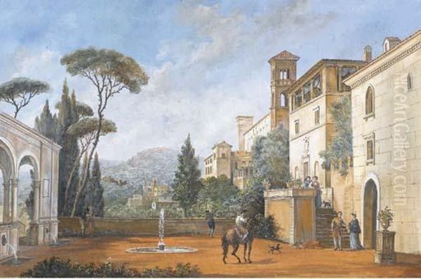 Cour Interieure D'une Villa Italienne Avec Personnages, Dont Un Cavalier Oil Painting by Pietro Ronzoni