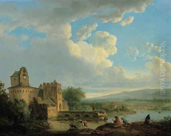 An extensive river landscape with a castle, an artist sketching on the bank in the foreground Oil Painting by Francis Leonard Dupont