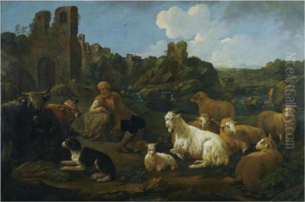 A Landscape With A Herder, Cattle, Sheep And A Dog In Theforeground Oil Painting by Jakob Roos