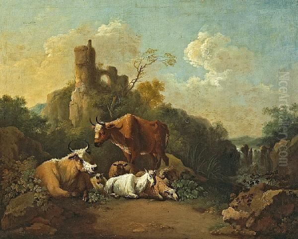 Sheep And Cattle In A Landscape With Ruins Inthe Distance Oil Painting by Jakob Roos