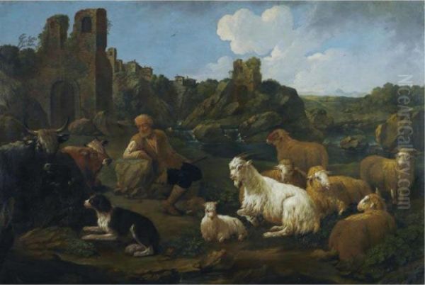 A Landscape With A Herder, Cattle, Sheep And A Dog In The Foreground Oil Painting by Jakob Roos