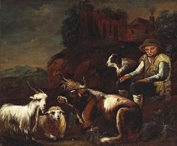 A Shepherd Resting With Farm Animals In Alandscape Oil Painting by Jakob Roos