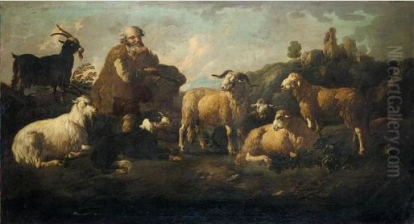 An Italianate Landscape With A Shepherd, And A Mixed Flock Of Sheep And Goats Oil Painting by Jakob Roos