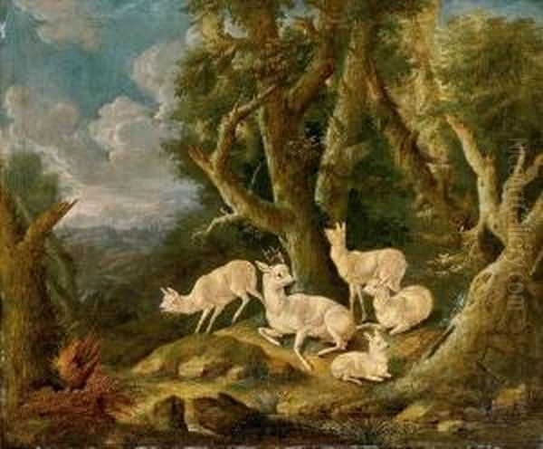 Jagdstuck Mit Weiser Hirschfamilie Oil Painting by Johann Melchior Roos