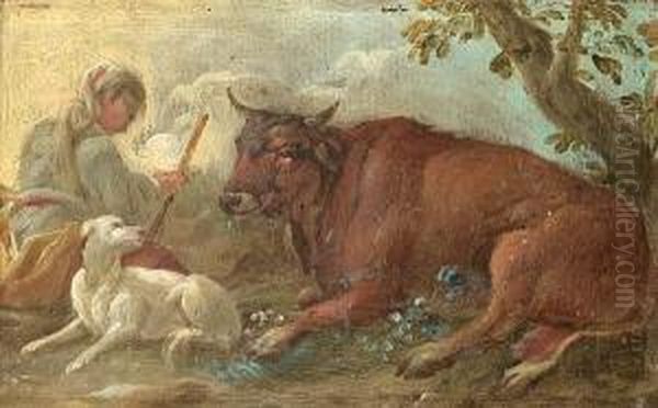 A Herder With His Dog And A Bull; And A Shepherdess With Her Cattle And A Dog Oil Painting by Johann Melchior Roos