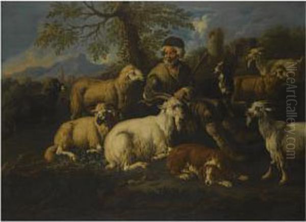 A Herder Resting With His Animals In A Landscape Oil Painting by Johann Melchior Roos