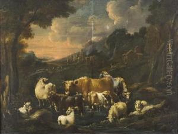 Paesaggio Con Armenti E Gregge Oil Painting by Johann Melchior Roos