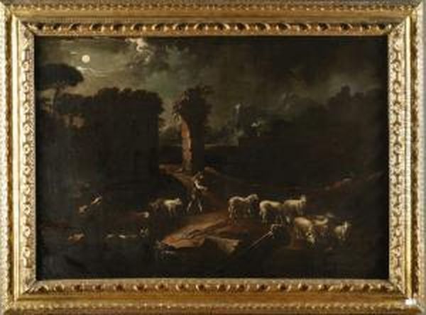 Scena Pastorale Notturna Con Rovine Oil Painting by Johann Melchior Roos