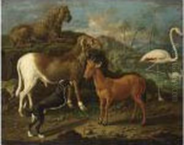 A Sheep, A Goat, A Lion, A Dog, A Flamingo And Ducks In A Landscape With Palm Trees Oil Painting by Johann Melchior Roos