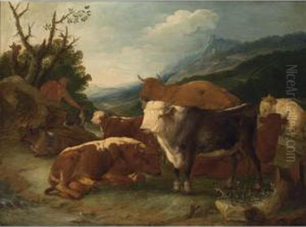 An Italianate Landscape With A Herdsman And His Cattle And Dog In A Meadow Oil Painting by Johann Melchior Roos