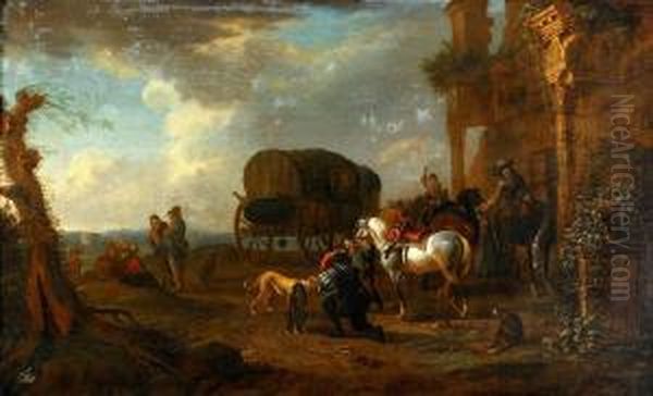 Pastoralt Ruinlandskap Med Rastande Sallskap Oil Painting by Johann Melchior Roos