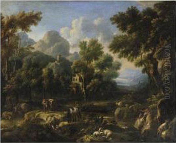 Paesaggio Laziale Con Mulino, Figure E Armenti Oil Painting by Johann Melchior Roos