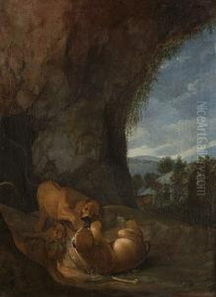 Lions Fighting In The Mouth Of A Cave, A Cheetah Looking On Oil Painting by Johann Melchior Roos