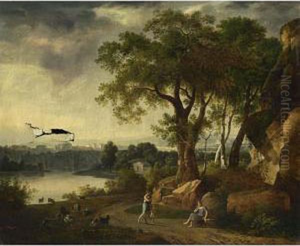 A Pastoral Landscape With A Shepherdess Guarding Her Sheep Oil Painting by Johann Melchior Roos