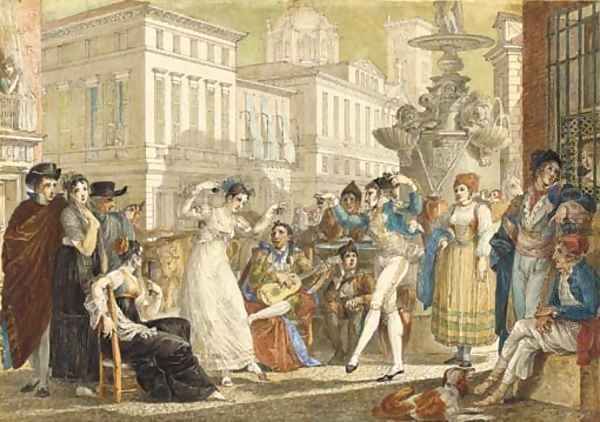 The Plaza de la Provincia, Madrid, with a crowd watching an elegant couple dance Oil Painting by Jean-Demosthene Dugourc