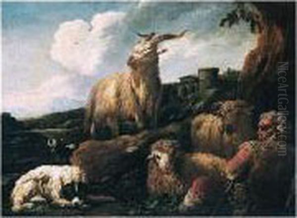 A Shepherdess With Her Flock Oil Painting by Johann Melchior Roos