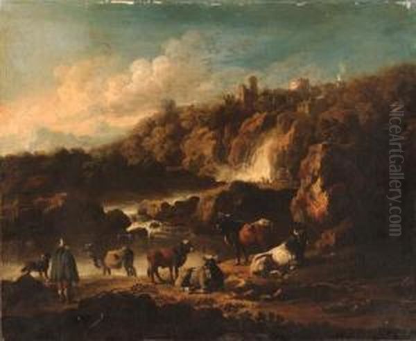 A Mountainous Landscape With A Drover By A River Oil Painting by Johann Melchior Roos