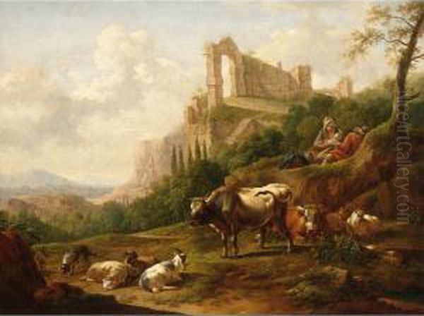 A Family Of Herdsmen And Their Cattle, With A Classical Ruin To The Background Oil Painting by Joseph Rosa Roos