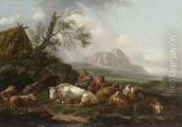 Lagernde Hirtenfamilie Mit Vieh
 Nahe Einer Strohgedeckten Hutte In Weiter
 Gebirgslandschaft. Oil Painting by Joseph Rosa Roos