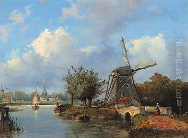 A windmill along a canal with a town in the distance Oil Painting by Johannes Josephus Destree