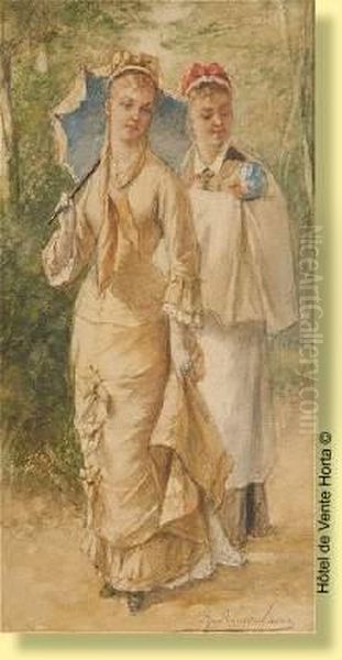 Elegante Et Sa Nourrice En Promenade Oil Painting by Albert Roosenboon